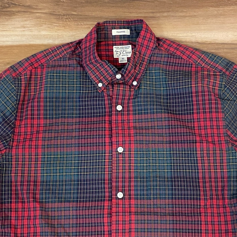 J. Crew Shirt Classic Button Down Mens Medium Red Tartan Plaid Stretch Cotton